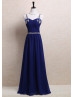 Beaded Double Straps Royal Blue Chiffon Long Evening Dress